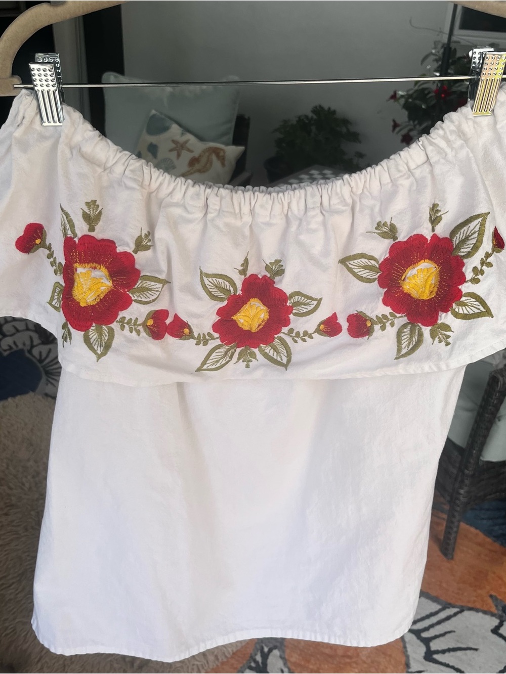White Off-Shoulder Top with Red & Yellow Floral Embroidery